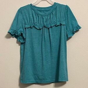Girls Teal Ruffle Tee, Size 140 (US kids 10)